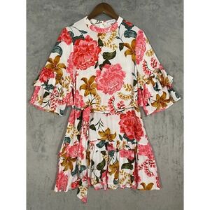 Petal + Pup Dress Sz S White Pink Floral Tiered Bell Sleeve Ruffle Wedding Party